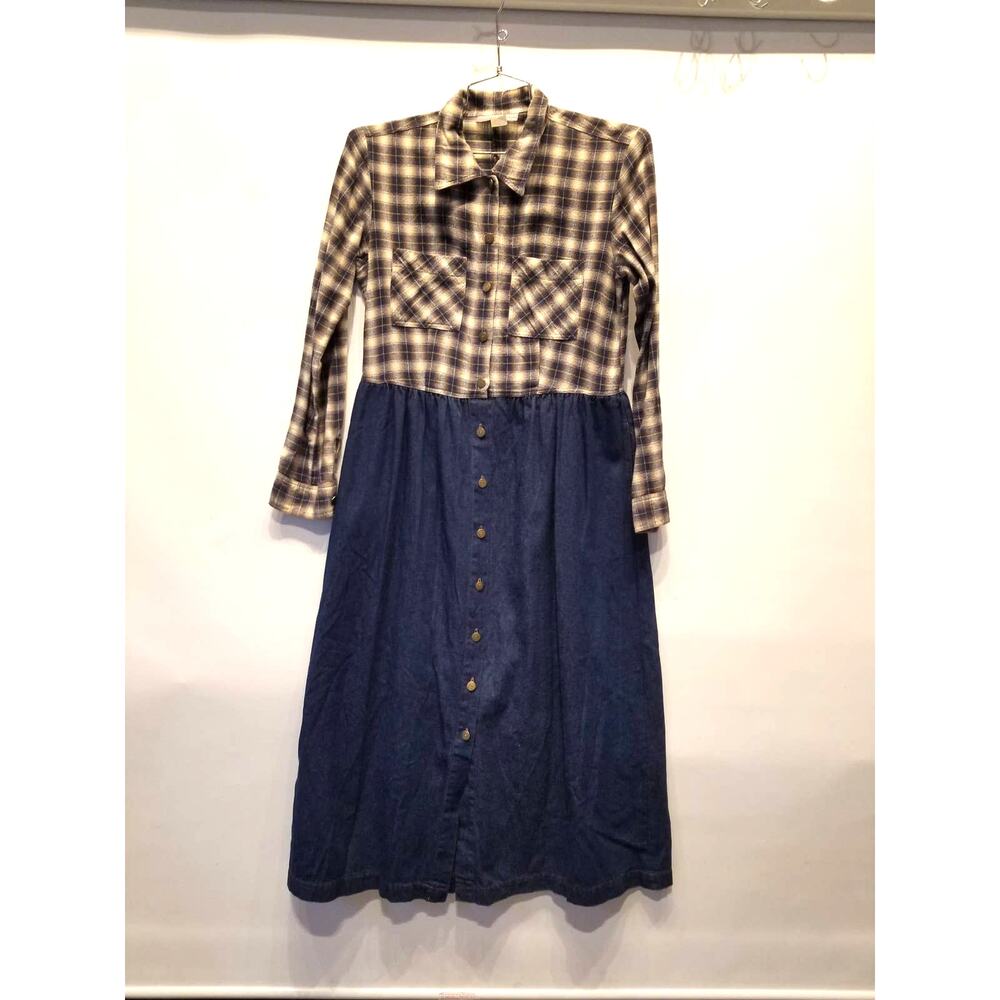Vintage 90s‎ Western Style Flannel Denim Dress Plaid Check Rodeo Style Size M